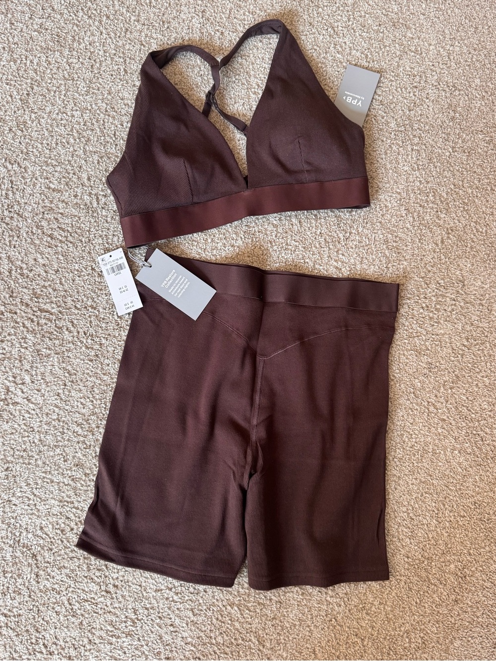 Abercrombie Ribbed Bralette & Bike Short Set in Dark Brown. Large. New.
